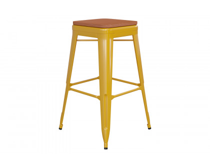 BLNK™ Kai Commercial Metal Backless Indoor-Outdoor Bar Stool with Poly Resin Wood Seat - Yellow/Teak