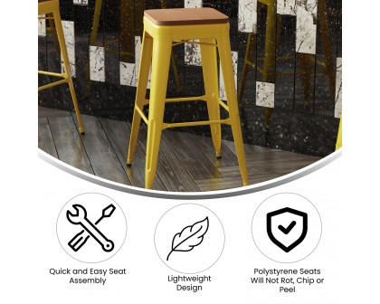 BLNK™ Kai Commercial Metal Backless Indoor-Outdoor Bar Stool with Poly Resin Wood Seat - Yellow/Teak