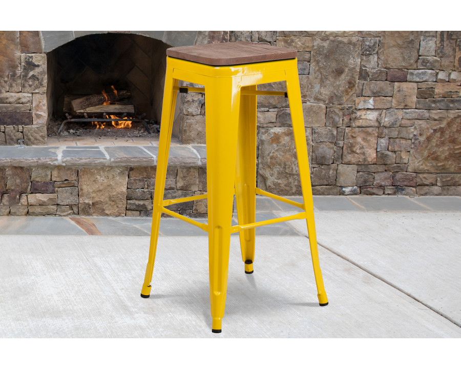 BLNK Lily Metal Bar Stool with Wood Seat - Yellow