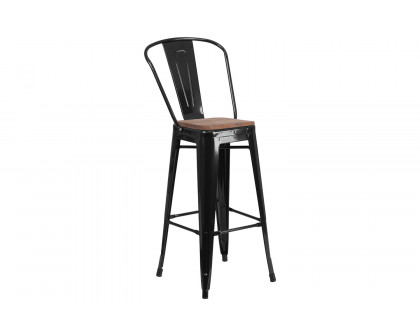 BLNK™ Lily Metal Bar Stool with Back and Wood Seat - Black