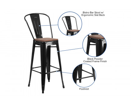 BLNK™ Lily Metal Bar Stool with Back and Wood Seat - Black