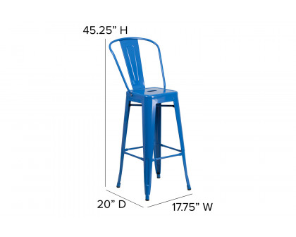 BLNK Kai Commercial Metal Indoor-Outdoor Bar Stool with Removable Back - Blue