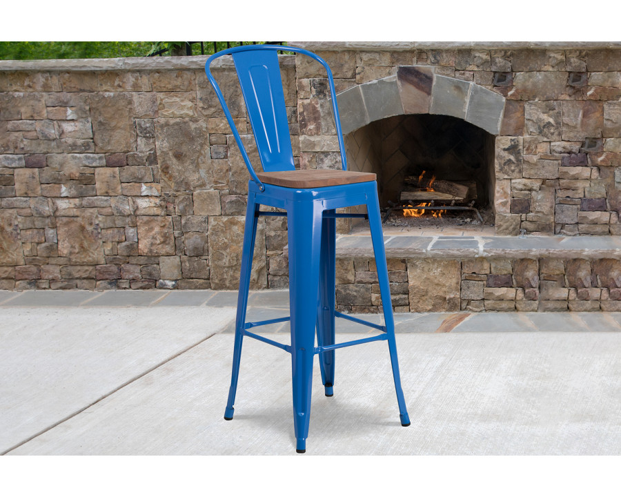 BLNK Lily Metal Bar Stool with Back and Wood Seat - Blue