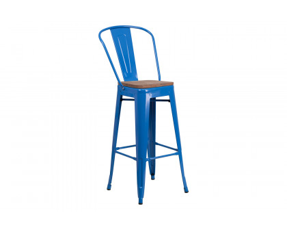 BLNK Lily Metal Bar Stool with Back and Wood Seat - Blue