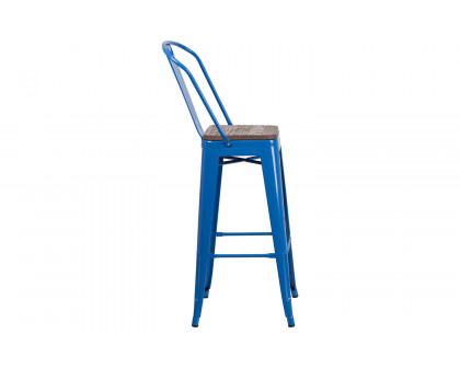 BLNK Lily Metal Bar Stool with Back and Wood Seat - Blue