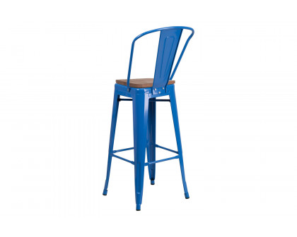 BLNK Lily Metal Bar Stool with Back and Wood Seat - Blue