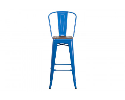 BLNK Lily Metal Bar Stool with Back and Wood Seat - Blue