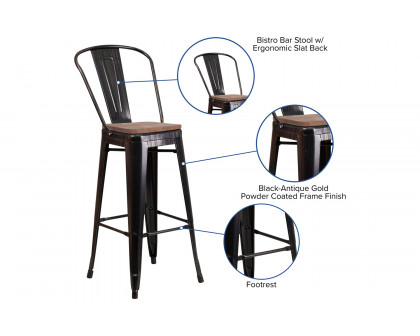 BLNK™ Lily Metal Bar Stool with Back and Wood Seat - Black/Antique Gold