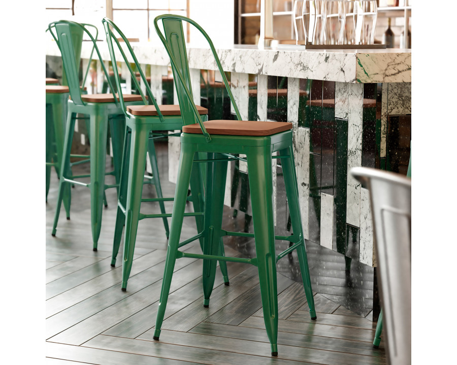 BLNK Kai Commercial All-Weather Bar Height Stool with Removable Back and Resin Seat - Green/Teak