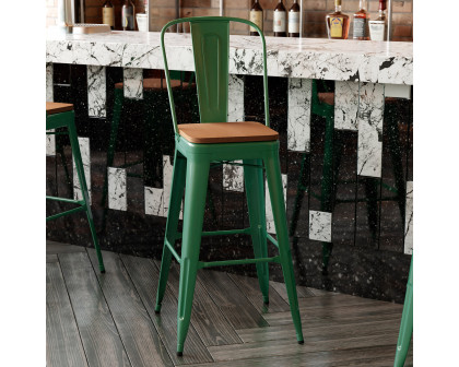 BLNK Kai Commercial All-Weather Bar Height Stool with Removable Back and Resin Seat - Green/Teak