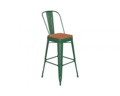 BLNK Kai Commercial All-Weather Bar Height Stool with Removable Back and Resin Seat - Green/Teak