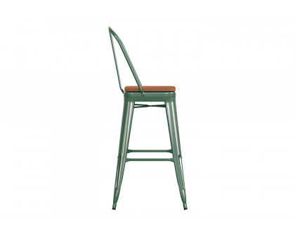 BLNK Kai Commercial All-Weather Bar Height Stool with Removable Back and Resin Seat - Green/Teak