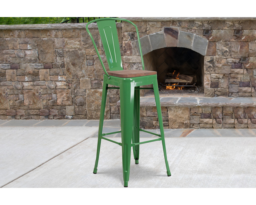 BLNK Lily Metal Bar Stool with Back and Wood Seat - Green