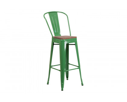 BLNK Lily Metal Bar Stool with Back and Wood Seat - Green