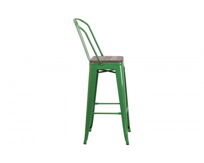 BLNK Lily Metal Bar Stool with Back and Wood Seat - Green