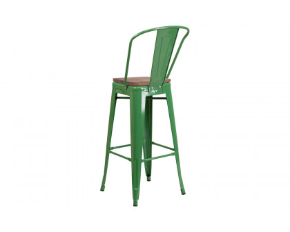 BLNK Lily Metal Bar Stool with Back and Wood Seat - Green