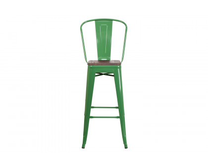 BLNK Lily Metal Bar Stool with Back and Wood Seat - Green