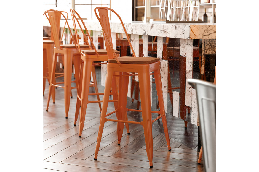 BLNK™ Kai Commercial All-Weather Bar Height Stool with Removable Back and Resin Seat - Orange/Teak