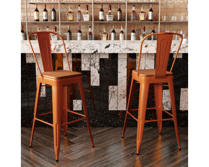 BLNK™ Kai Commercial All-Weather Bar Height Stool with Removable Back and Resin Seat - Orange/Teak