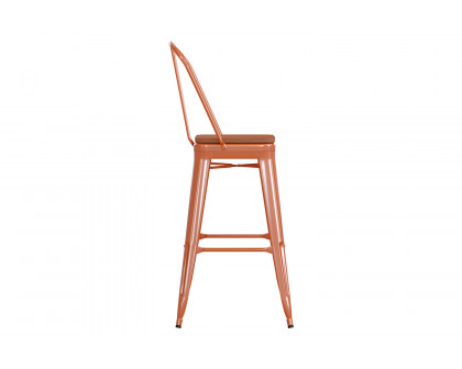 BLNK™ Kai Commercial All-Weather Bar Height Stool with Removable Back and Resin Seat - Orange/Teak