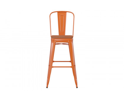 BLNK™ Kai Commercial All-Weather Bar Height Stool with Removable Back and Resin Seat - Orange/Teak