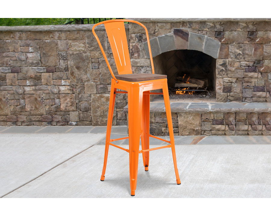 BLNK Lily Metal Bar Stool with Back and Wood Seat - Orange