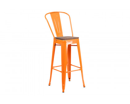 BLNK Lily Metal Bar Stool with Back and Wood Seat - Orange