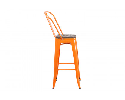 BLNK Lily Metal Bar Stool with Back and Wood Seat - Orange