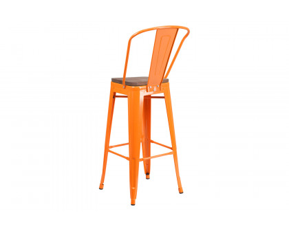 BLNK Lily Metal Bar Stool with Back and Wood Seat - Orange