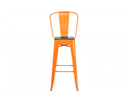 BLNK Lily Metal Bar Stool with Back and Wood Seat - Orange