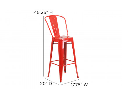 BLNK Kai Commercial Metal Indoor-Outdoor Bar Stool with Removable Back - Red