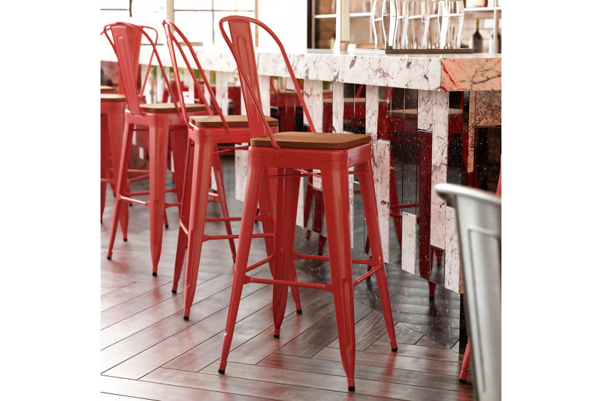 BLNK™ Kai Commercial All-Weather Bar Height Stool with Removable Back and Resin Seat - Red/Teak