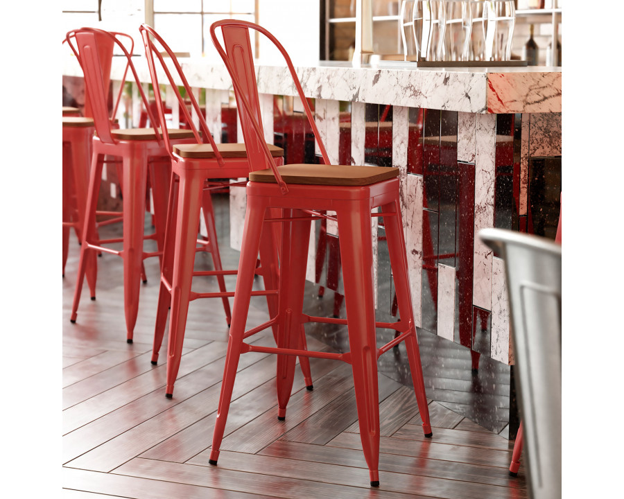 BLNK Kai Commercial All-Weather Bar Height Stool with Removable Back and Resin Seat - Red/Teak