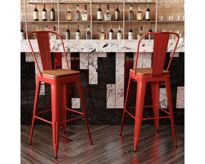 BLNK™ Kai Commercial All-Weather Bar Height Stool with Removable Back and Resin Seat - Red/Teak