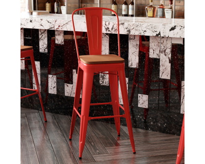 BLNK™ Kai Commercial All-Weather Bar Height Stool with Removable Back and Resin Seat - Red/Teak