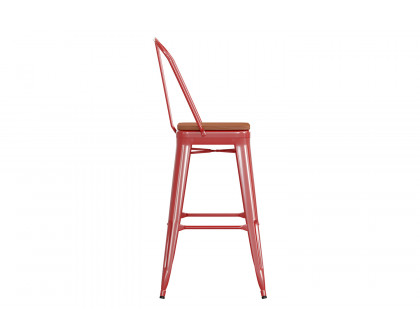 BLNK™ Kai Commercial All-Weather Bar Height Stool with Removable Back and Resin Seat - Red/Teak