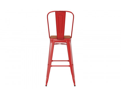 BLNK™ Kai Commercial All-Weather Bar Height Stool with Removable Back and Resin Seat - Red/Teak