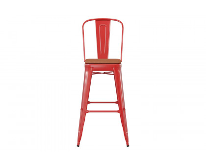 BLNK™ Kai Commercial All-Weather Bar Height Stool with Removable Back and Resin Seat - Red/Teak