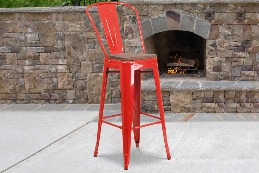 BLNK™ Lily Metal Bar Stool with Back and Wood Seat - Red