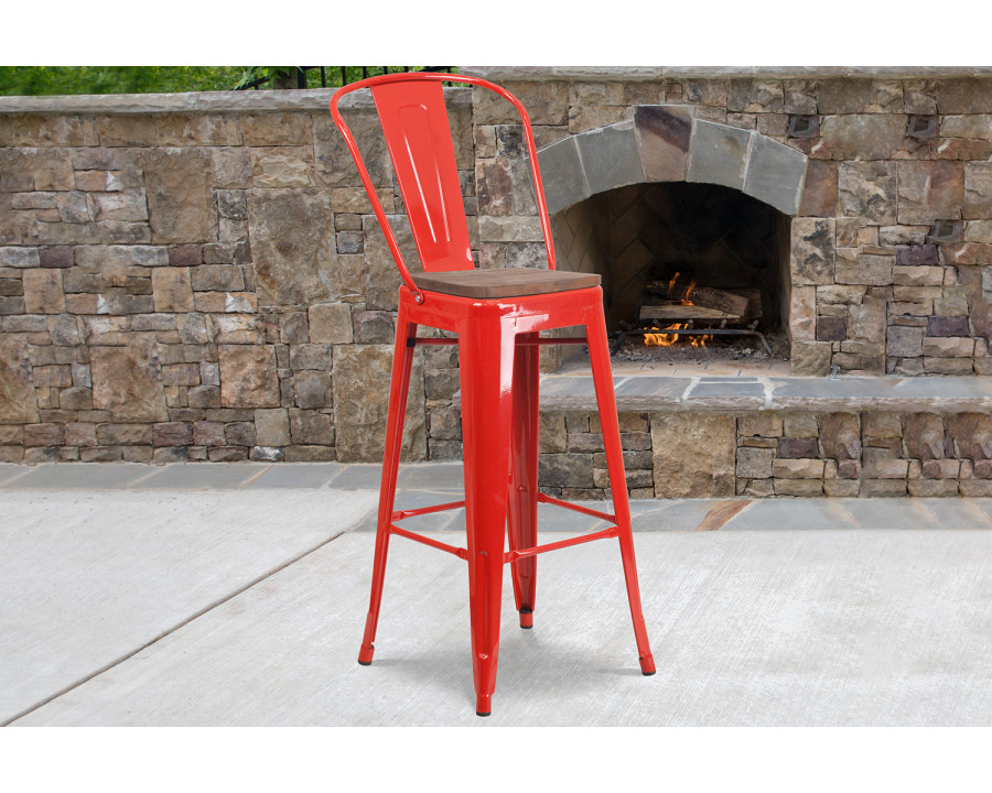 BLNK Lily Metal Bar Stool with Back and Wood Seat - Red