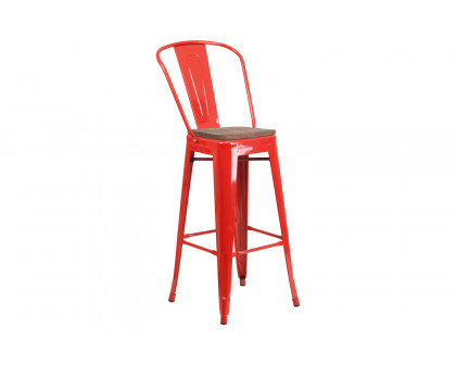 BLNK™ Lily Metal Bar Stool with Back and Wood Seat - Red