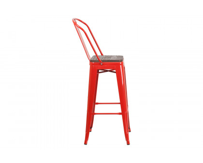 BLNK™ Lily Metal Bar Stool with Back and Wood Seat - Red