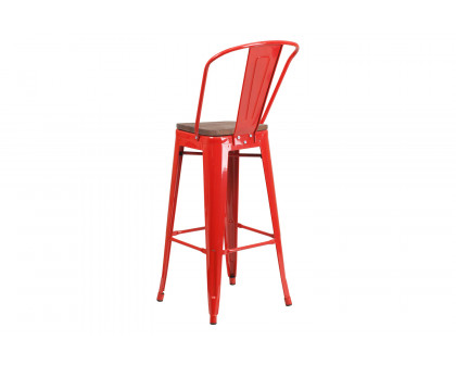 BLNK™ Lily Metal Bar Stool with Back and Wood Seat - Red