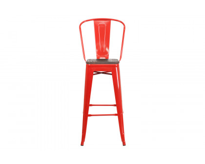 BLNK™ Lily Metal Bar Stool with Back and Wood Seat - Red