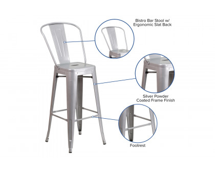 BLNK Kai Commercial Metal Indoor-Outdoor Bar Stool with Removable Back - Silver