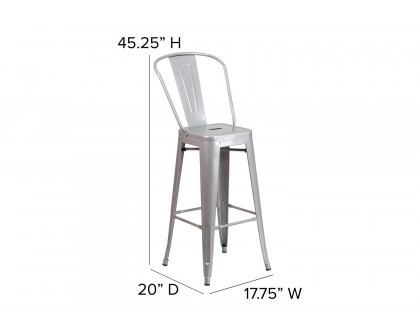 BLNK Kai Commercial Metal Indoor-Outdoor Bar Stool with Removable Back - Silver