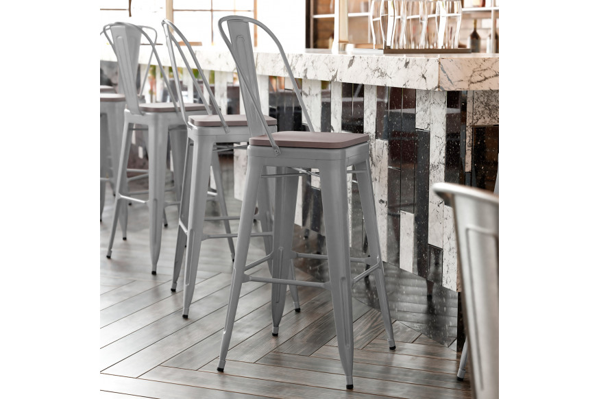 BLNK™ Kai Commercial All-Weather Bar Height Stool with Removable Back and Resin Seat - Silver/Gray