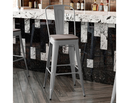 BLNK™ Kai Commercial All-Weather Bar Height Stool with Removable Back and Resin Seat - Silver/Gray