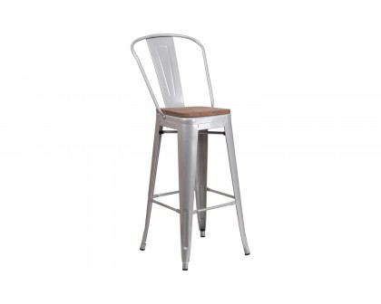 BLNK Lily Metal Bar Stool with Back and Wood Seat - Silver