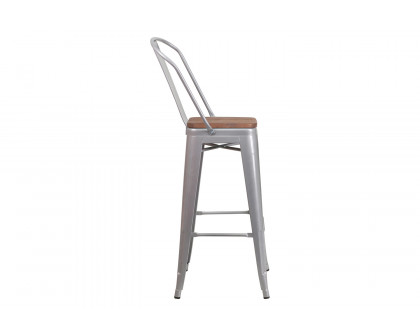 BLNK Lily Metal Bar Stool with Back and Wood Seat - Silver